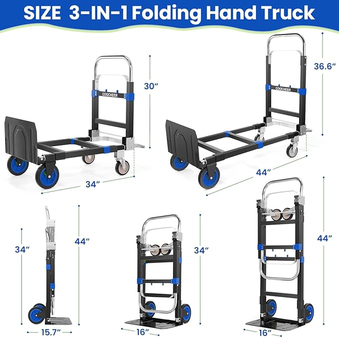 3-in-1 Folding Hand Trucks, 600Lbs Convertible Hand Truck Dolly, Heavy Duty - Image 2