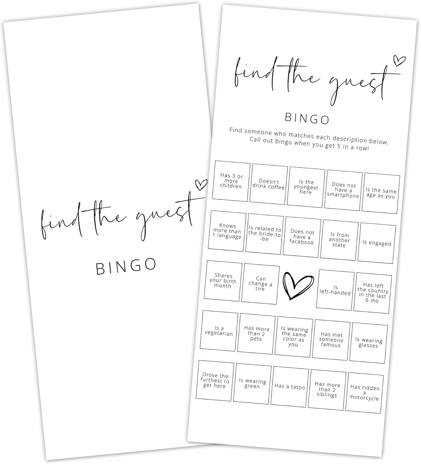 Bridal Shower Games, Find The Guest Bingo, 25Pcs 4x9inch Minimalist White Double-Sided Bridal Game Cards, Wedding Shower Games for Guests, Engagement Bachelorette Party Supplies - A16