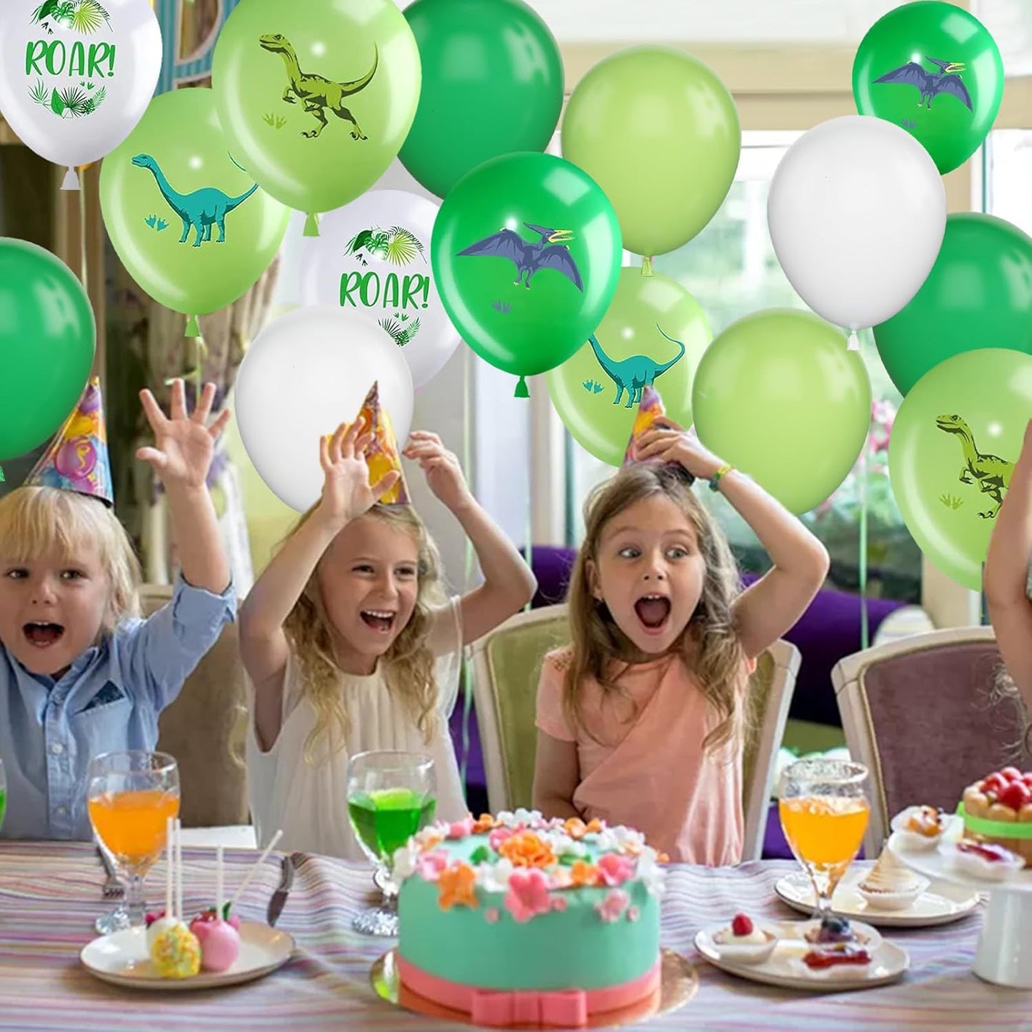 Dinosaur Balloons, 12 Inch Dino Printed Balloons Green White Lime Green Latex Balloons for Birthday Party Jungle Dinosaur Themed Decoration for Boys Birthday Party Baby Shower Supplies