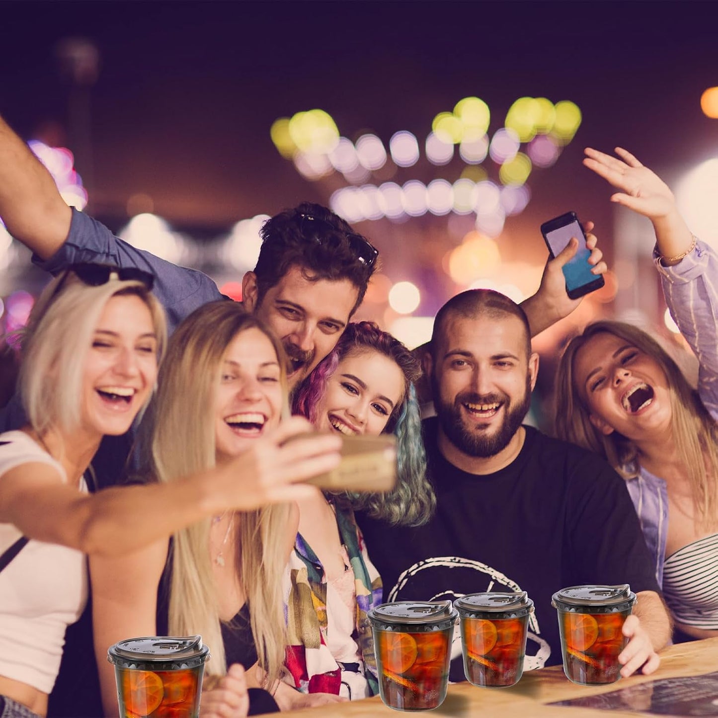 12oz Disposable Stemless Glasses With Strawless Sip Lids,PET Disposable Drinking Cups,Clear Plastic Wine Glasses for Parties Birthday,Wedding,Meeting,Christmas Party Supplies. (50, Black)