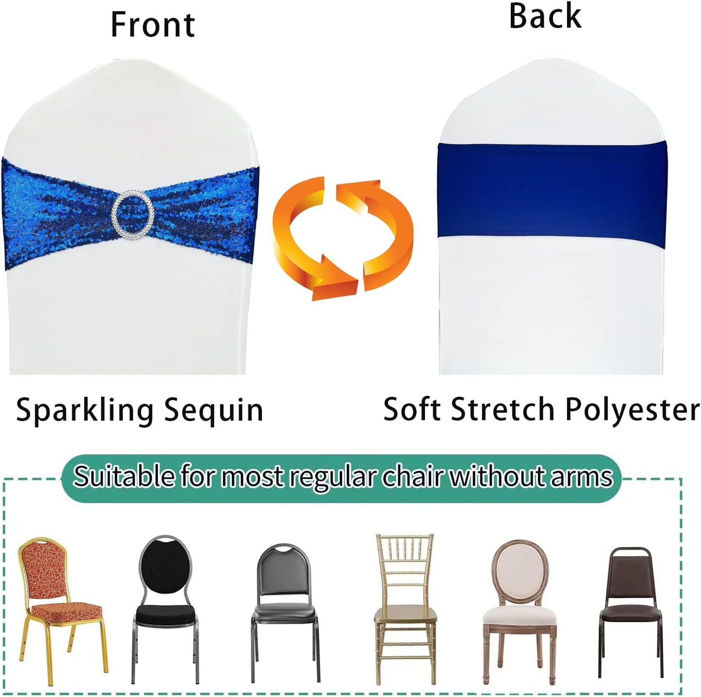 100 Pcs Sequin Chair Sashes Stretch Chair Bands Spandex Polyester Bows for Party Hotel Wedding Banquets Decoration - Royal Blue