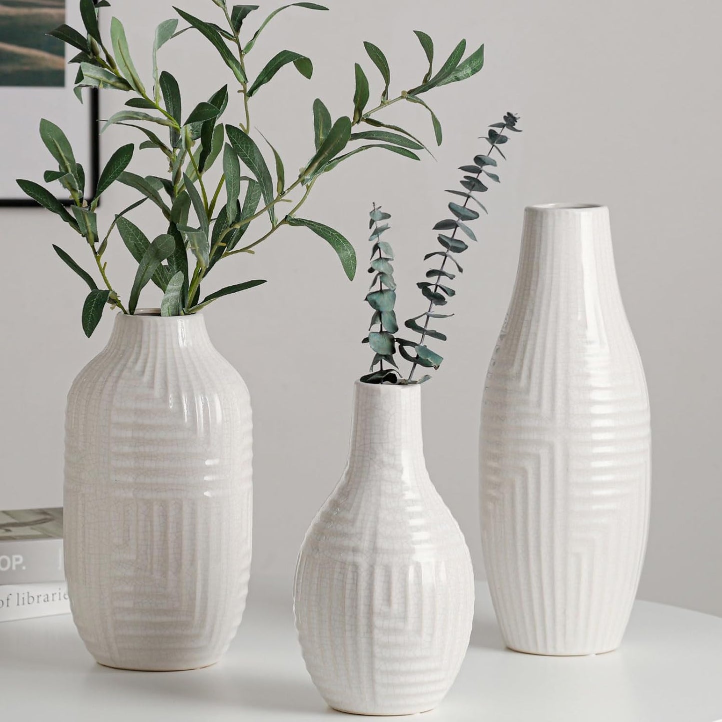 hjn White Ceramic Vase for Home Decor - Modern Vases for Living Room/Bookshelf/Mantel - 10.6" H