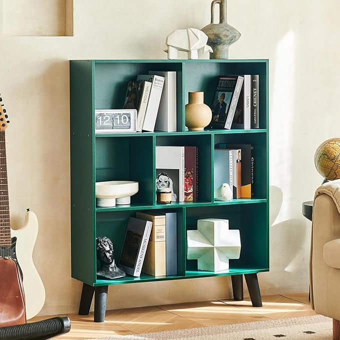 LEYAOYAO Cube Bookshelf 3 Tier Mid-Century Dark Green Modern Bookcase - Image 5
