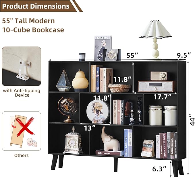 LEYAOYAO 10 Cube Bookshelf, 3 Tier Vintage 55" Wide Bookcase - Image 2