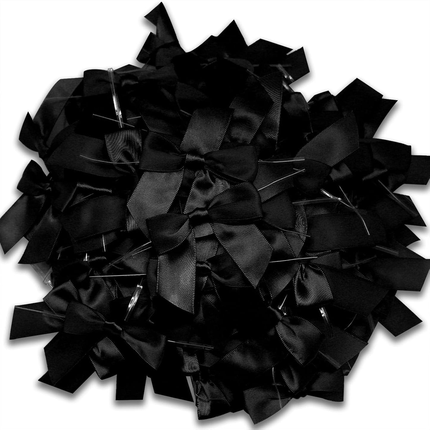 114 Pack Twist Tie Bows for Treat Bags 3" Black Satin Ribbon Bows for Package Craft, Gift Wrapping Decoration, Candy Bags, Bakery Bags, Wedding, Baptism, Tableware Decor Party Decoration