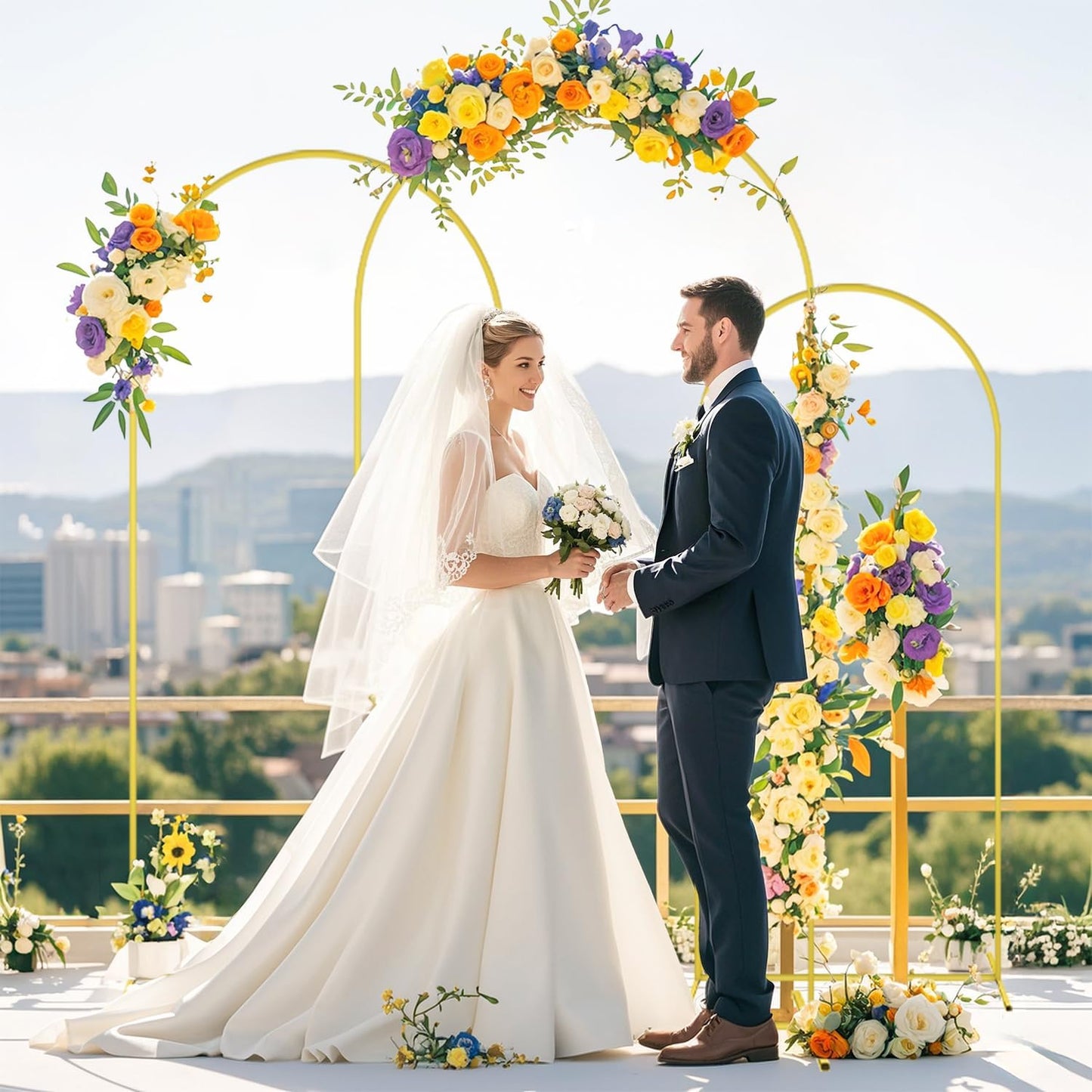 FOTSHARER Arch Stand and Cover Set 7.2FT 6.6FT 6FT Gold Wedding Backdrop Stand White Backdrop Cover for Arch Stand Set of 3 Balloon Arch Stand with Cover for Birthday Party Banquets Baby Showers Decor