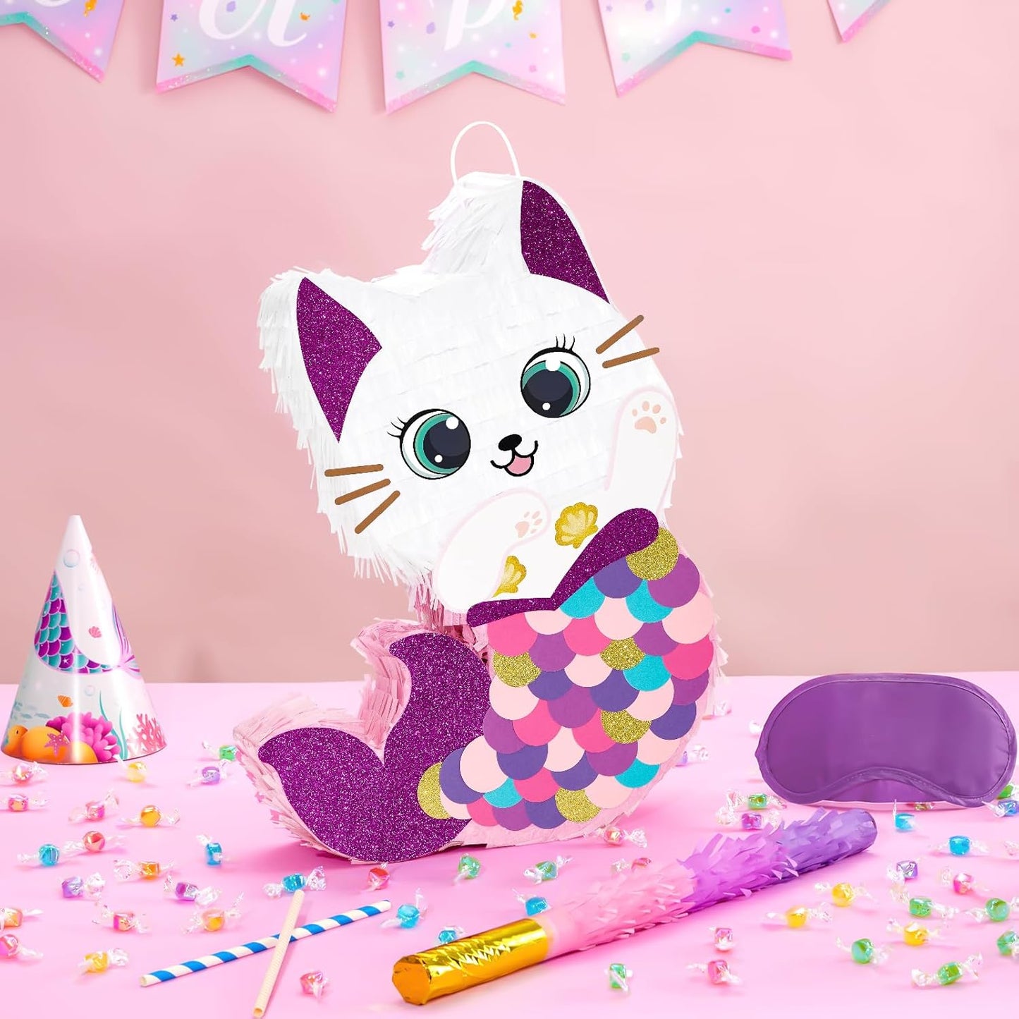 WERNNSAI Cat Piñata - Kitten Mermaid Birthday Party Decorations Kids Mermaid Pinata with Blindfold and Bat for Girls Summer Under the Sea Birthday Party Supplies Game Set