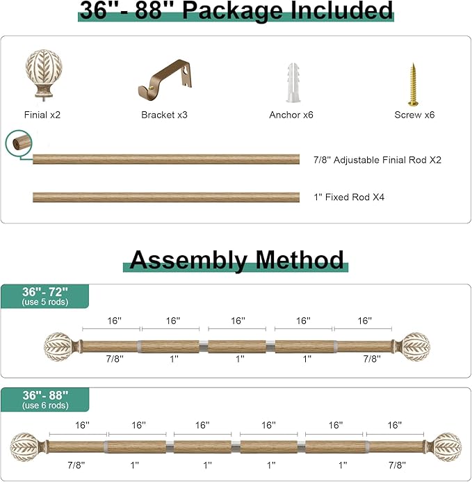 QDWIS Boho Wood Curtain Rods for Windows 48 to 84 inch, Rustic Decorative - Image 8