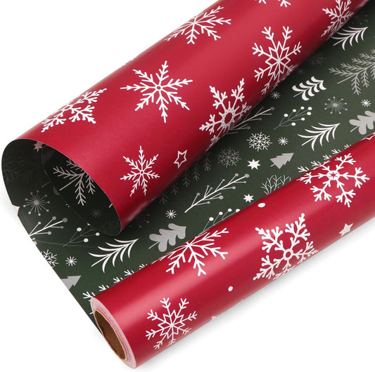 Ribbli Christmas Wrapping paper Reversible Snowflake and Christmas Tree Red Green Gift Wrapping Paper-17 Inch x 33 Feet Per roll
