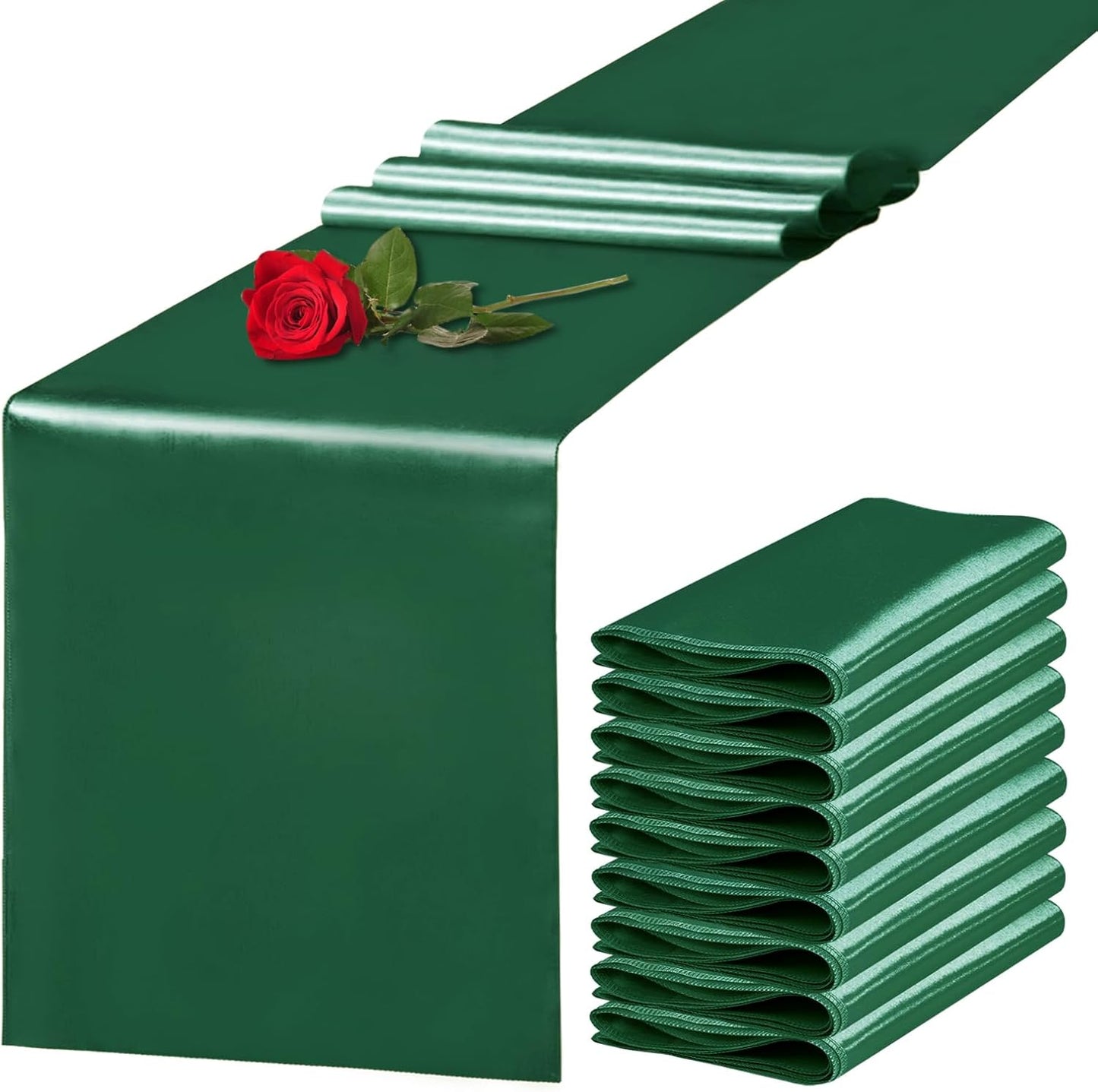 10 Pack Satin Table Runner 12 x 108 Inch Long Dark Green Silk Table Runner for Wedding Party Banquet Birthday Decoration