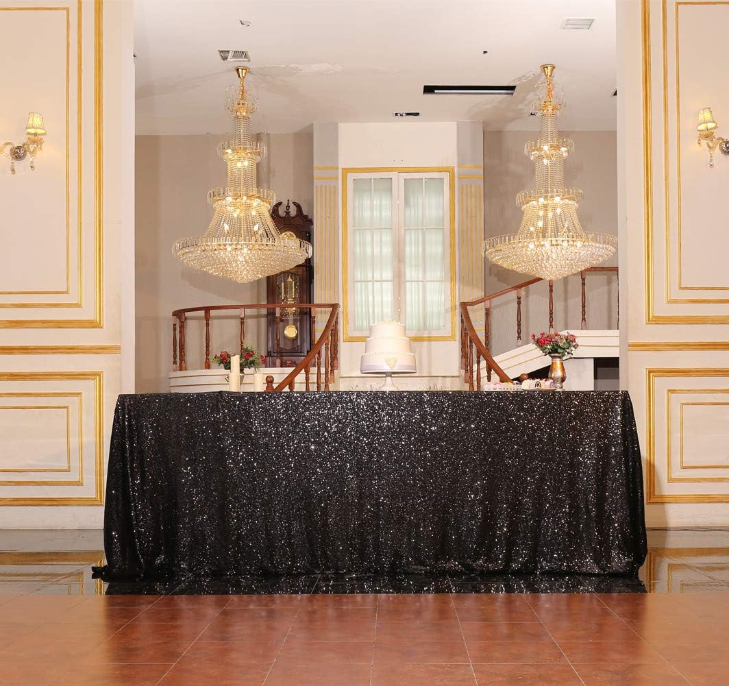 SquarePie Sequin Tablecloth 90 x 132 Inch Black Sparkly Table Linen for Halloween Wedding Party