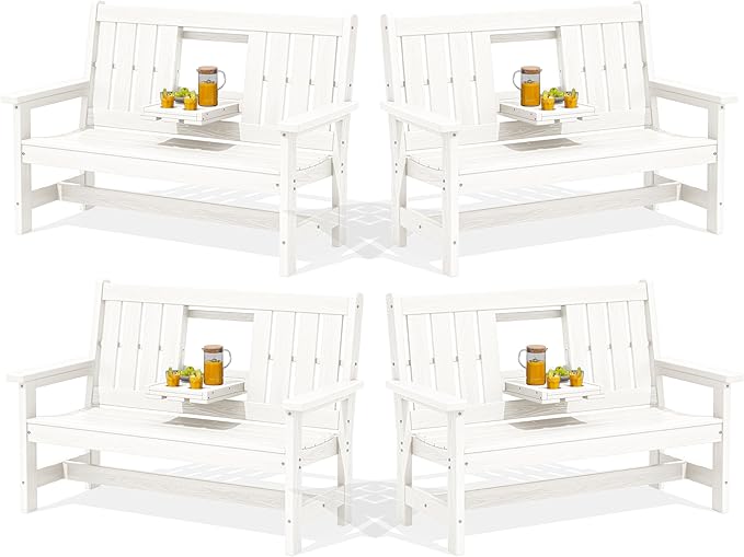 SERWALL Outdoor Bench with Cup Holder, Oversized 58" HDPE Porch Bench Suitable by SERWALL