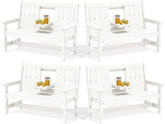 SERWALL Outdoor Bench with Cup Holder, Oversized 58" HDPE Porch Bench Suitable by SERWALL