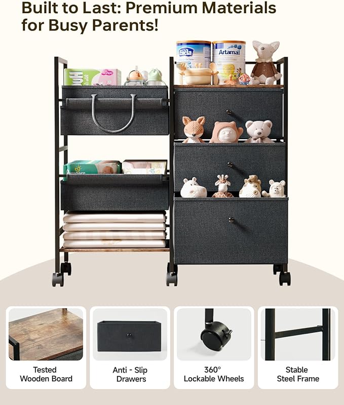 2-in-1 Baby Diaper Caddy Organizer and Storage-3 Tier Rolling Baby Cart - Image 7