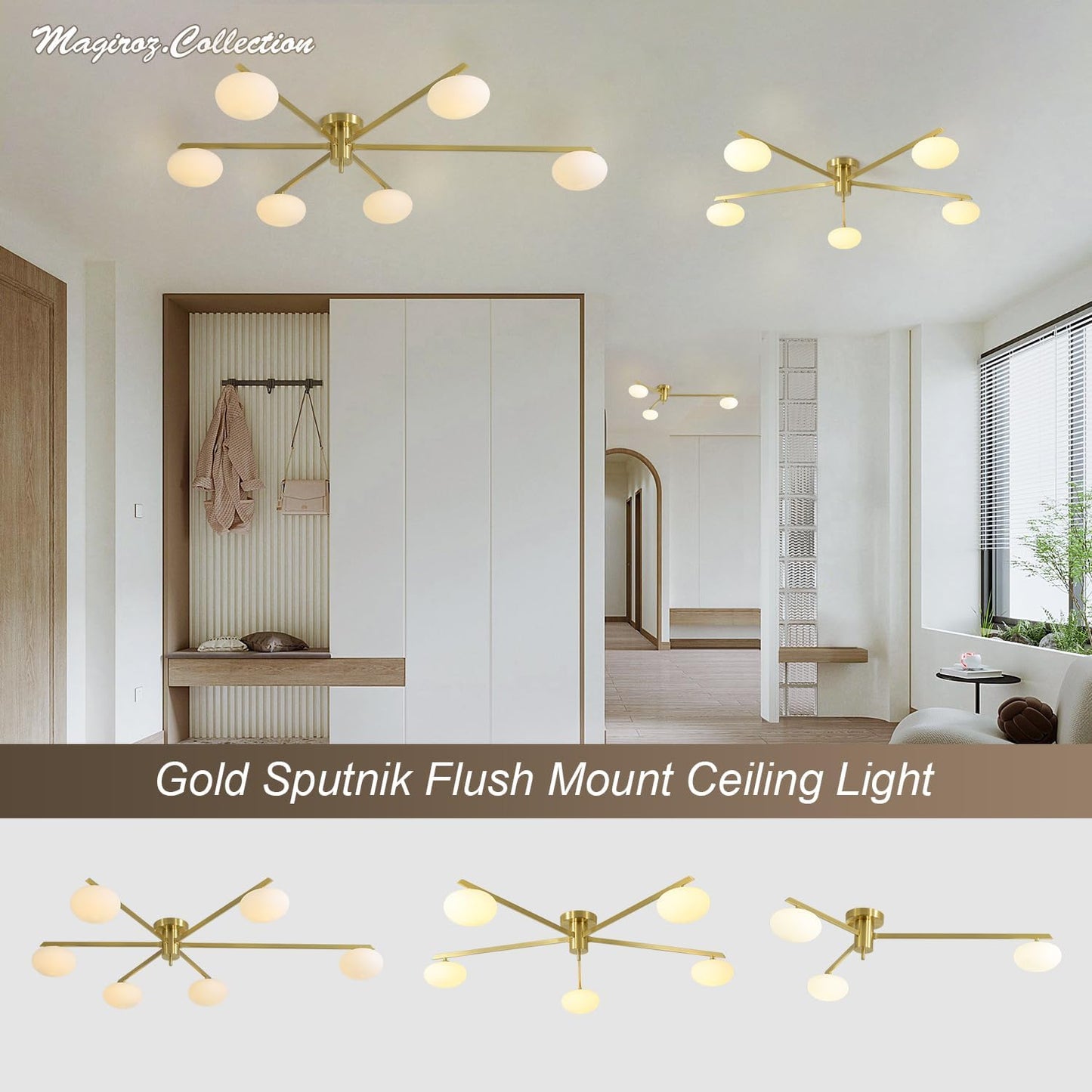 6-Lights Gold Sputnik Chandelier Modern Ceiling Light Fixtures Retro Glass Ceiling Lamp Industrial Semi Flush Mount Lights for Kitchen Living Room Dining Room MCL01-6 GD