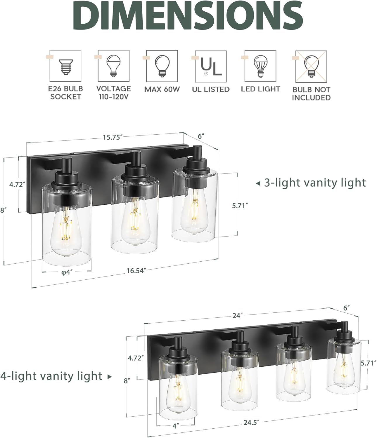 4-Light Bathroom Light Fixtures, Black Vanity Light with Cylinder Clear Glass Shade, Modern Vanity Lighting Fixtures Over Mirror, VL143-MB-4