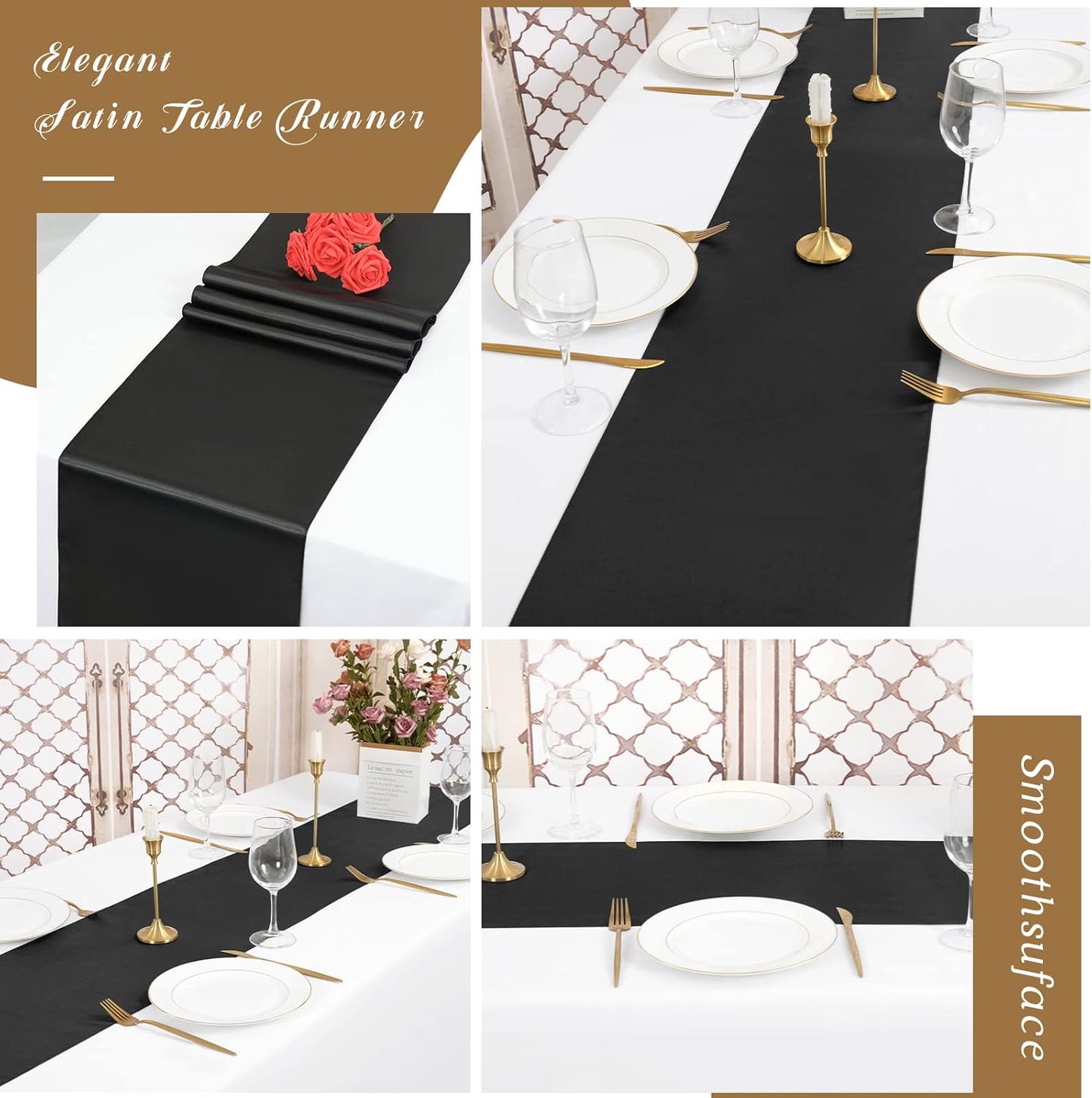 12 Pack Black Satin Table Runner,12 x 108 inch Long Premium Smooth Table Runner for Wedding, Banquets, Birthday, Party, Graduation, Engagements, Table Runners fit Rectangle and Round Table