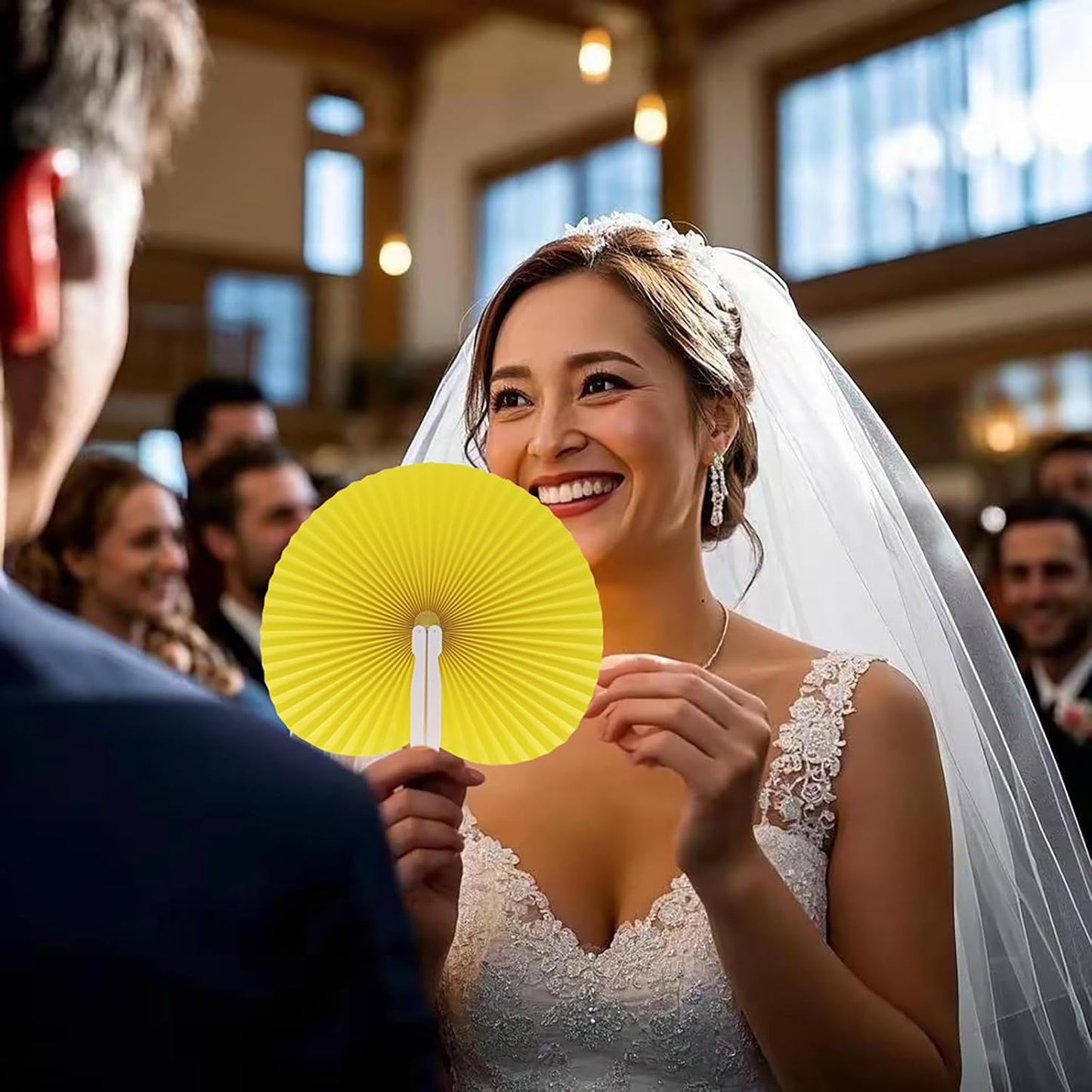 12 Packs Decorative Paper Folding Hand Fans Handheld,Yellow Round Foldable Wedding Fans Chinese and Japanese Fans Bulk for Bridal Guest Church Party Favors Dancing Birthday DIY