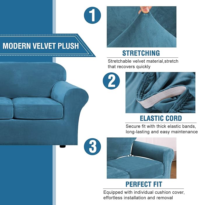 H.VERSAILTEX Real Velvet Plush 3 Piece Stretch Sofa Covers Couch Covers - Image 3