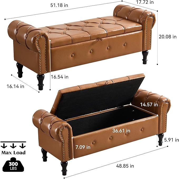 Storage Bench for Bedroom, Faux Leather 51" End of Bed Bench, Queen Size Bench - Image 2