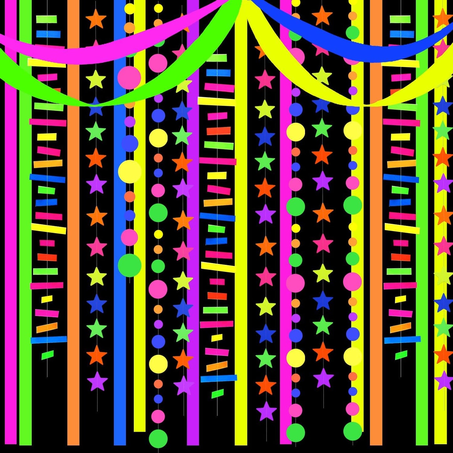 703feet UV Paper Neon Garland Neon Streamers Glow in The Dark Glow Party Supplies and Decorations Glow in The Dark Streamers Blacklight Reactive Fluorescent Black Light Neon Party Supply for Birthday