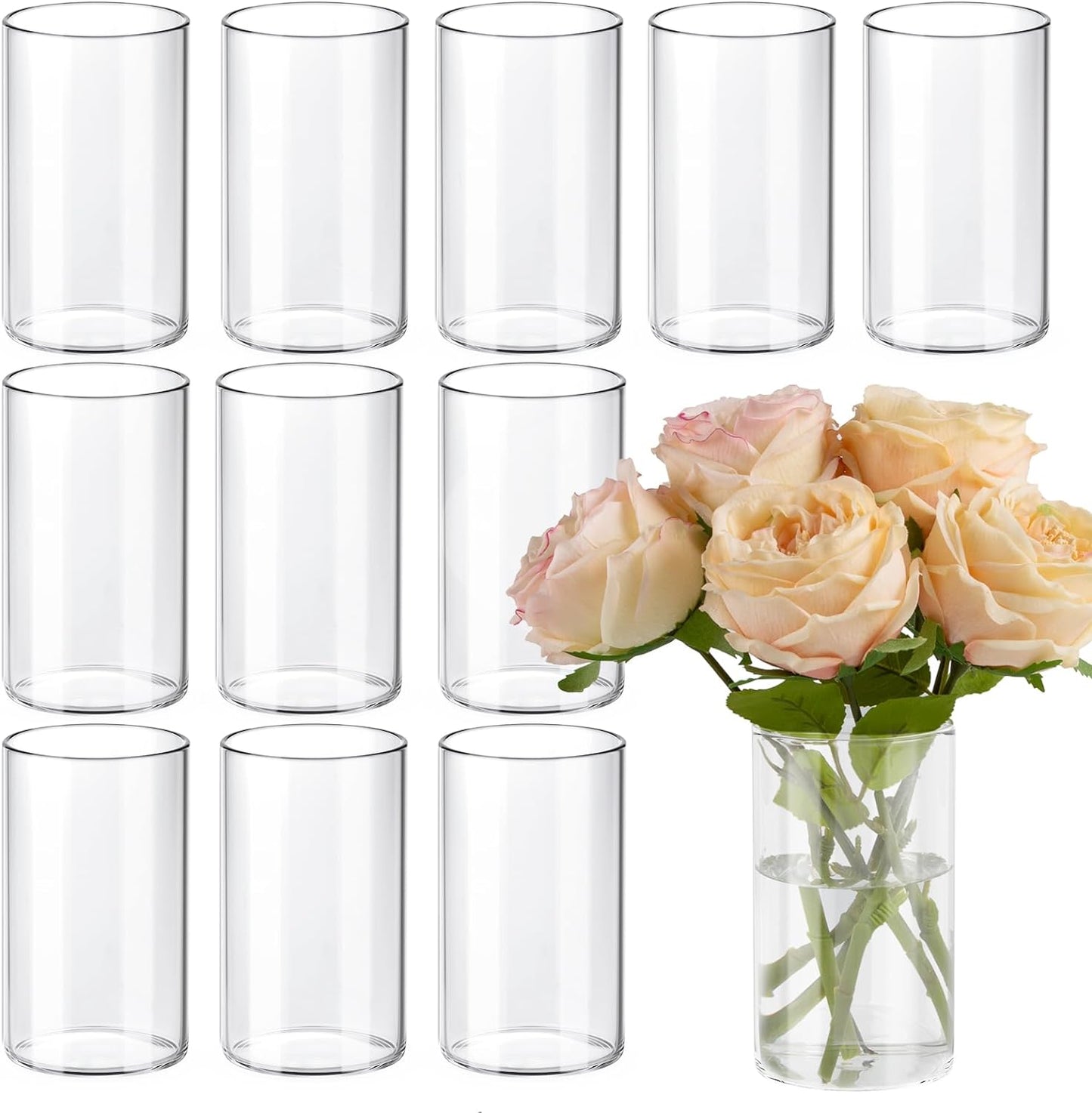12pcs Glass Cylinder Vases for Centerpieces, 6 Inch Clear Flower Vases for Wedding Decorations and Indoor Home Decor, Hurricane Candle Holder for Table Shelf, Party