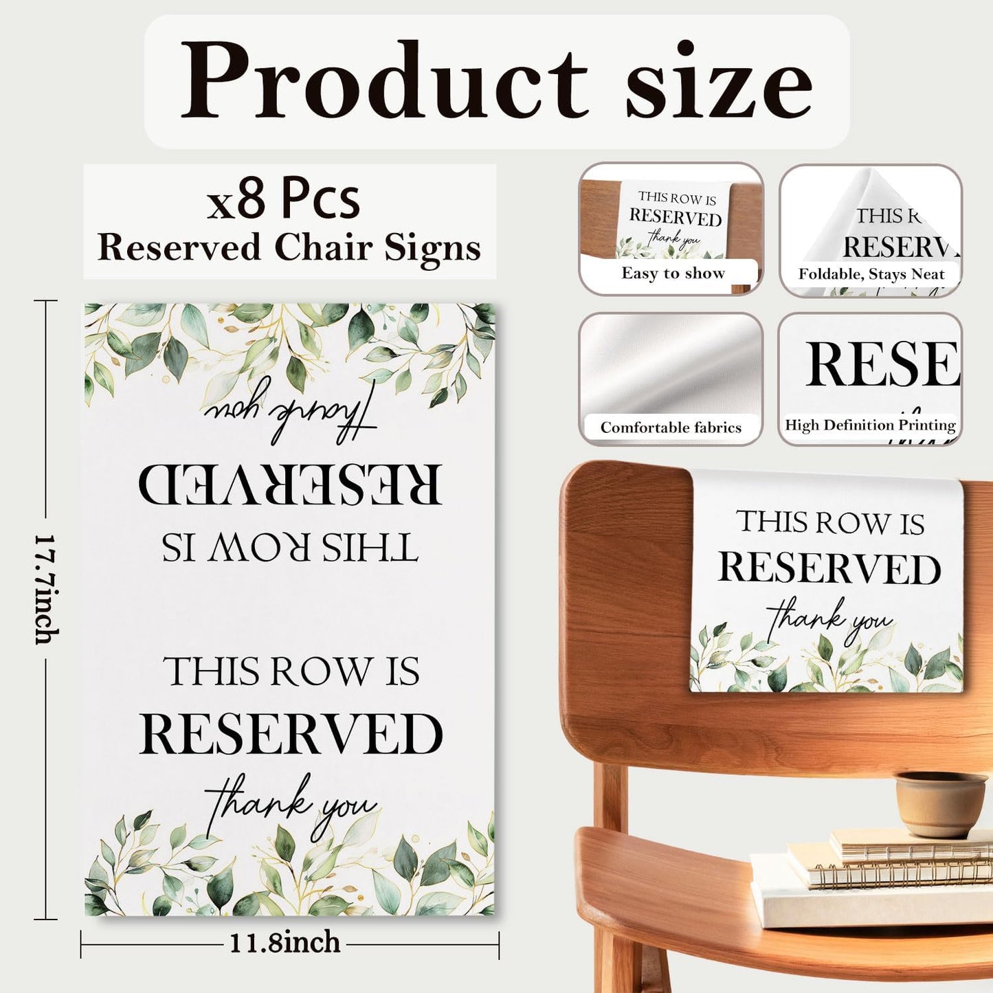 Reserved Seating Chair Signs, This Row Is Reserved Pew Cloths Seating Placeholder for Church Pews, Wedding Decorations for Reception Parties Celebrations Event Meetings (8 PCS, Green)