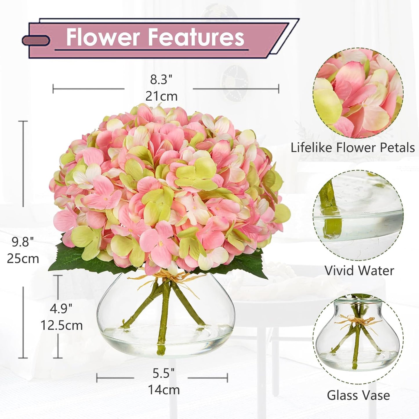 Hollyone Hydrangea Artificial Flowers with Glass Vase Pink-Green Silk Faux Flowers Arrangements in Vase with Faux Water Fake Floral Bulk Bouquet for Home Decor Table Centerpiece Decorations