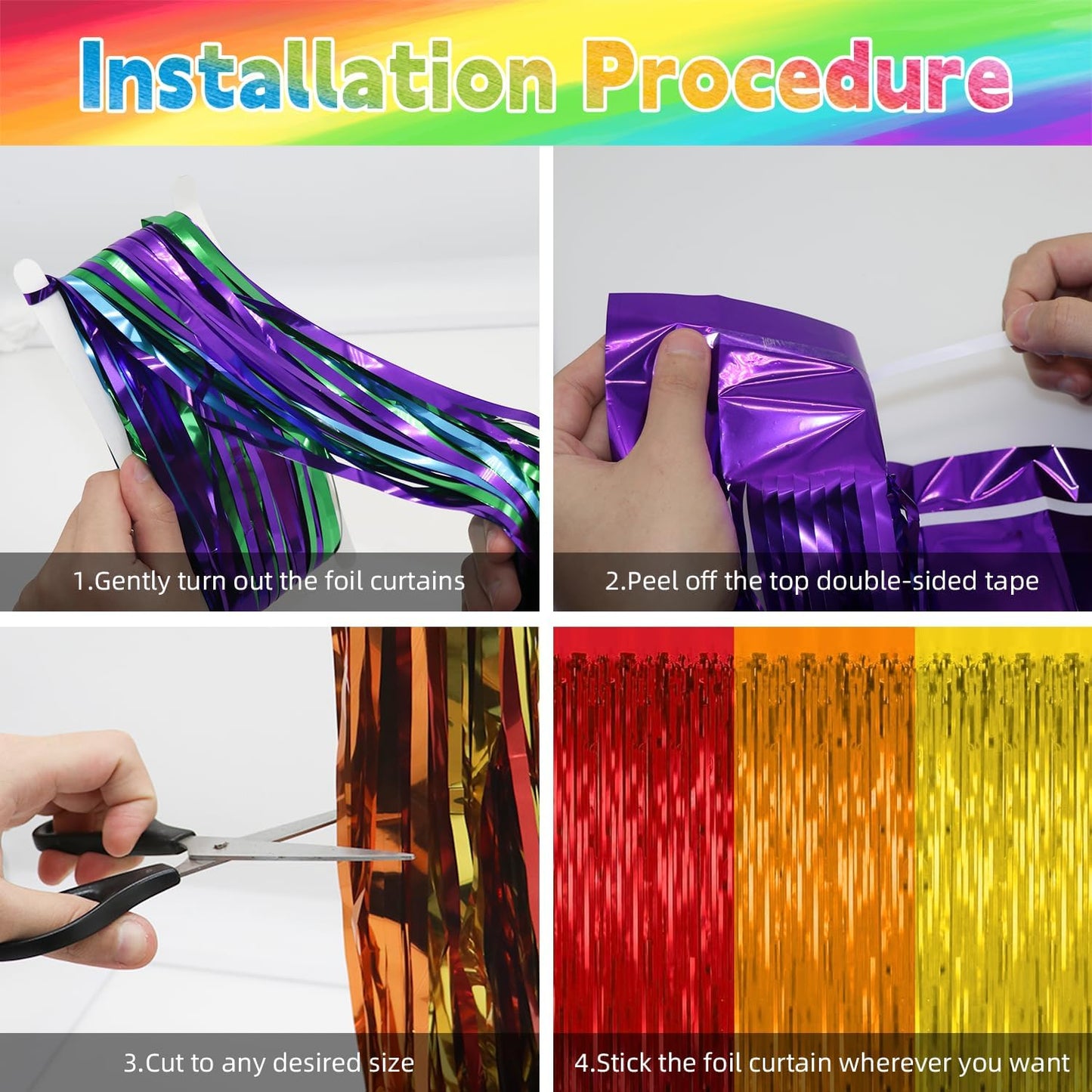 2 Pack Rainbow Backdrop Curtains,3.28 Ft x 6.56 Ft Rainbow Party Decorations,Metallic Tinsel Backdrop Fringe Curtains Party Streamer for Wedding Birthday Party