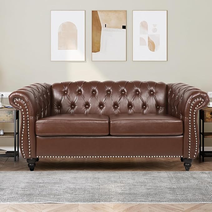 Mid-Century 2 Seater Sofa, Faux Leather Loveseat - Image 3