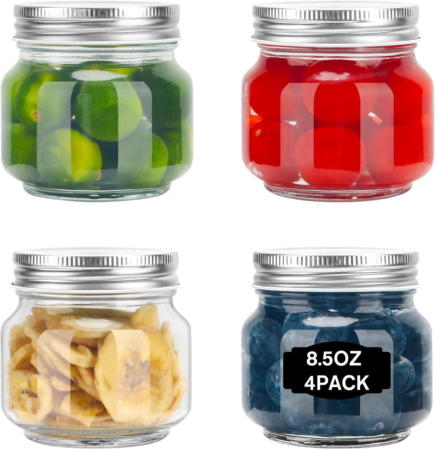 Glass Mason Jars, 4 Pack 8.5oz Clear Glass Regular Mouth Canning Jars with Lids for Sealing, Ideal for Food Storage, Snacks, Candies, Jam, Honey, Wedding Favors, Shower Favors, DIY Projects