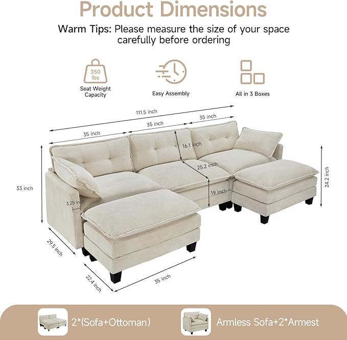 Amsleekey Modular Sectional Sofa, 111.5" U-Shaped Corduroy Comfy Sectional - Image 2