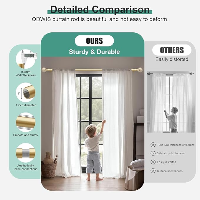 QDWIS Gold Curtain Rods for Windows 66 to 120 inch, Rustic Decorative Drapery - Image 3
