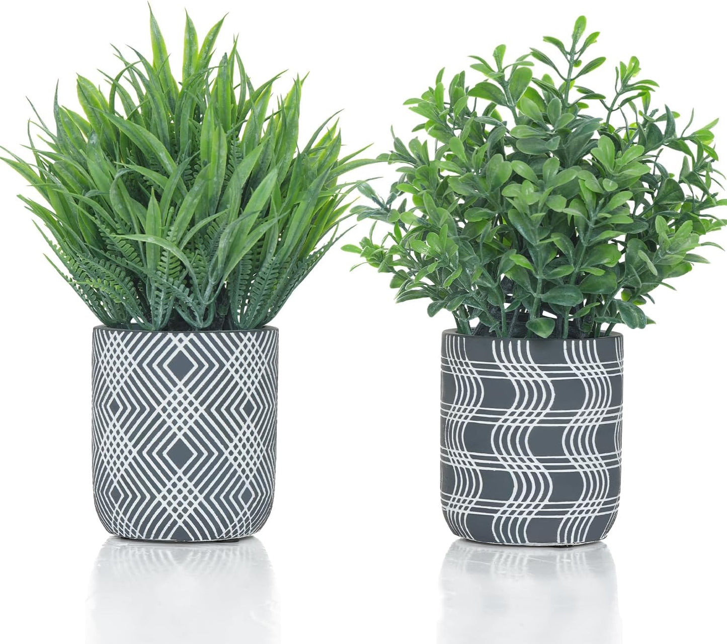 2 Pack Small Fake Plants, Fake Grass Plant, Artificial Boxwood with Geometric Pattern Cement Pots, Small Potted Faux Greenery for Home Decor, Bathroom, Shelf, Office, Farmhouse Decoration
