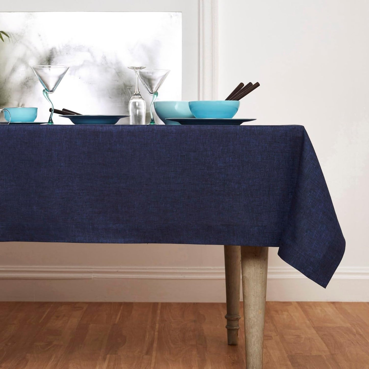 Solino Home Linen Tablecloth 60 x 120 Inch - 100% Pure Linen Chambray Navy Table Cloth for Rectangular Tables - Athena, Machine Washable Cloth Tablecloth for Fall, Thanksgiving, Christmas, Holiday