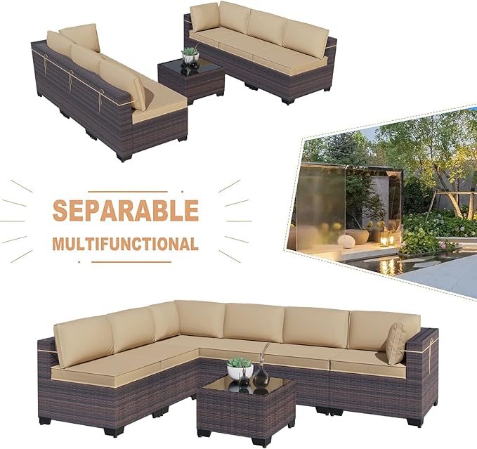 Kullavik 7 Pieces Outdoor Patio Furniture Set, Sectional Rattan Sofa Set Brown - Image 7