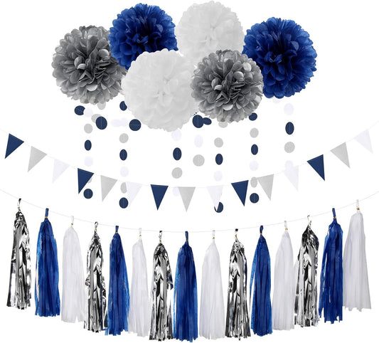 Navy Blue White Silver Party Decorations,23pcs Kit Graduation 2025 Tissue Paper Pom Poms Streamers,Tassel Garland Banner Flowers,Men Birthday Bachelorette Baby Shower Christmas Decor Lasting Surprise