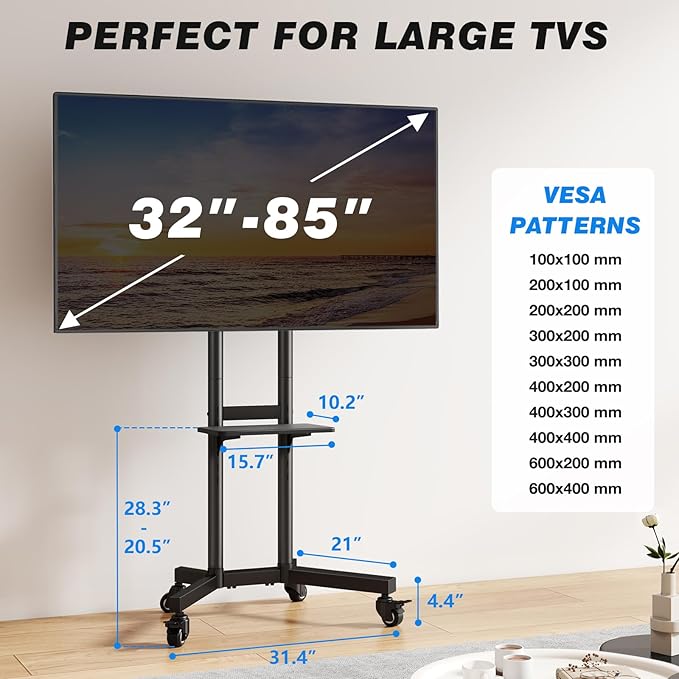 Rolling TV Stand with Shelf for 32-85 inch TVs up to 150lbs, Portable Mobile TV - Image 6