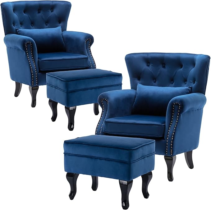Accent Chairs with Ottoman Set of 2 Velvet Wingback Club Chair Upholstered by DMFurniture