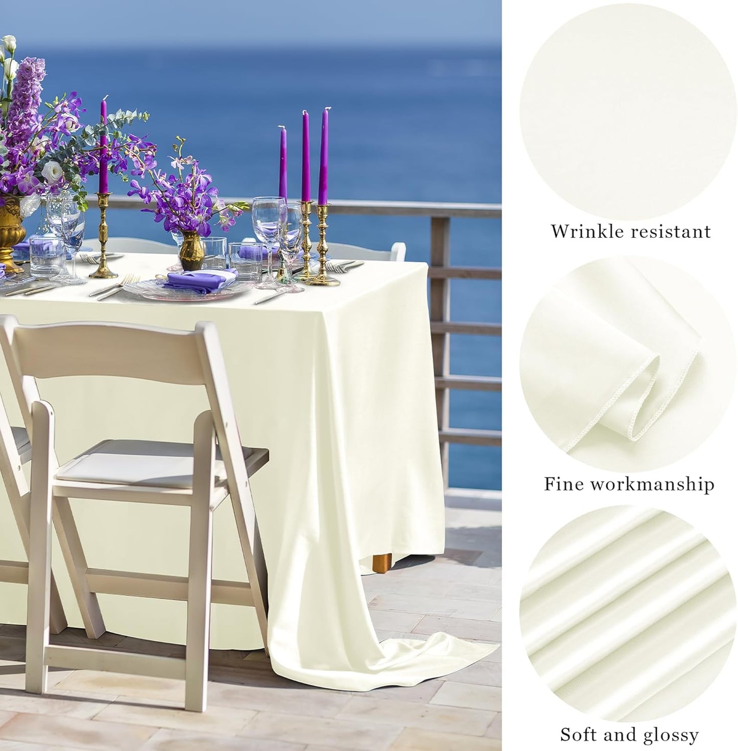 TURSTIN 4 Packs Satin Tablecloth 102 x 58 Inch Overlay Satin Table Cover Rectangle Bright Silk Tablecloth Smooth Fabric Table Decoration for Wedding Banquet Party Events, Ivory