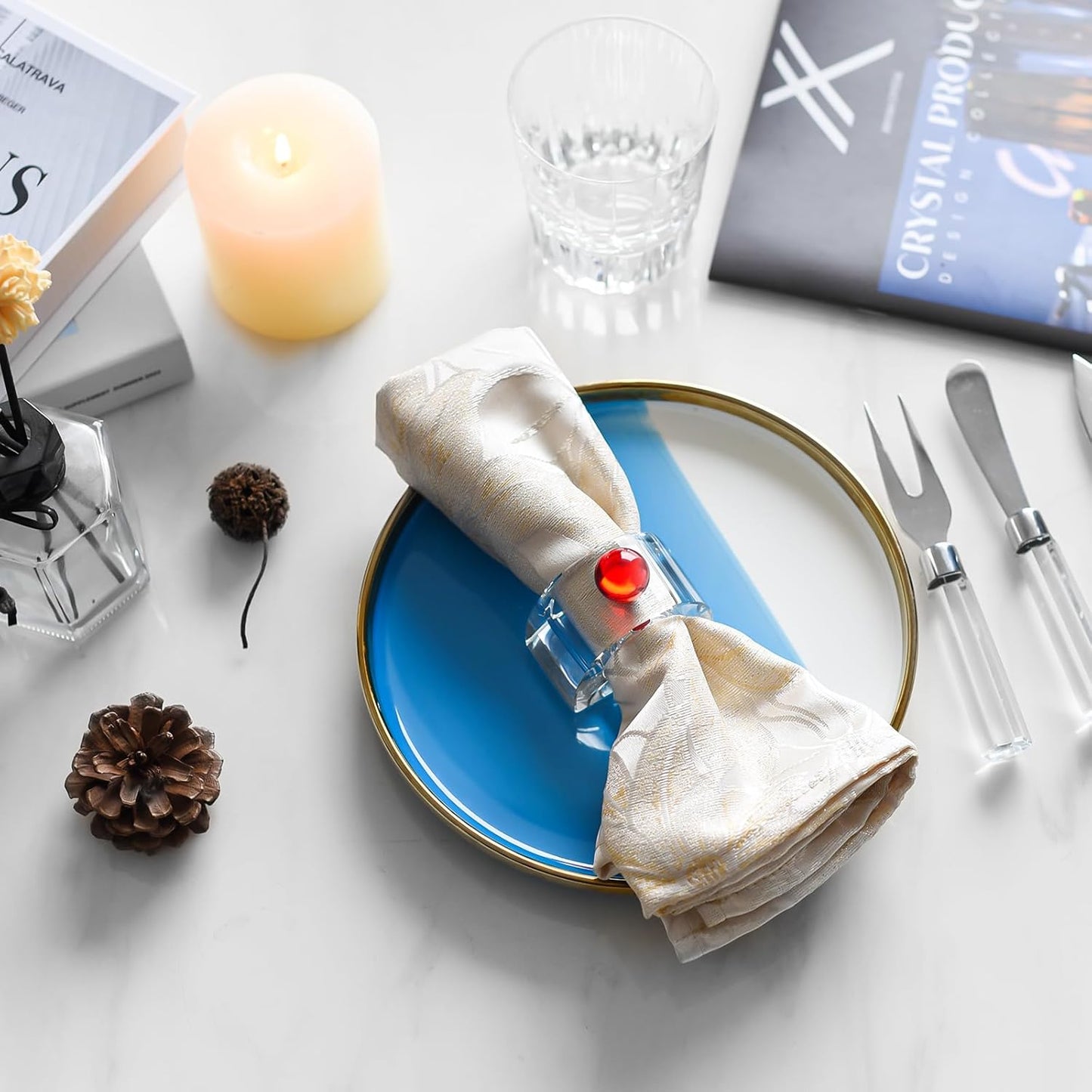 Crystal Napkin Rings Holder Silver Diamond Napkin Rings Pack of 6 Pieces with red Decor, Hotel Restaurant Wedding Party Holiday Banquet Dining Table Decor