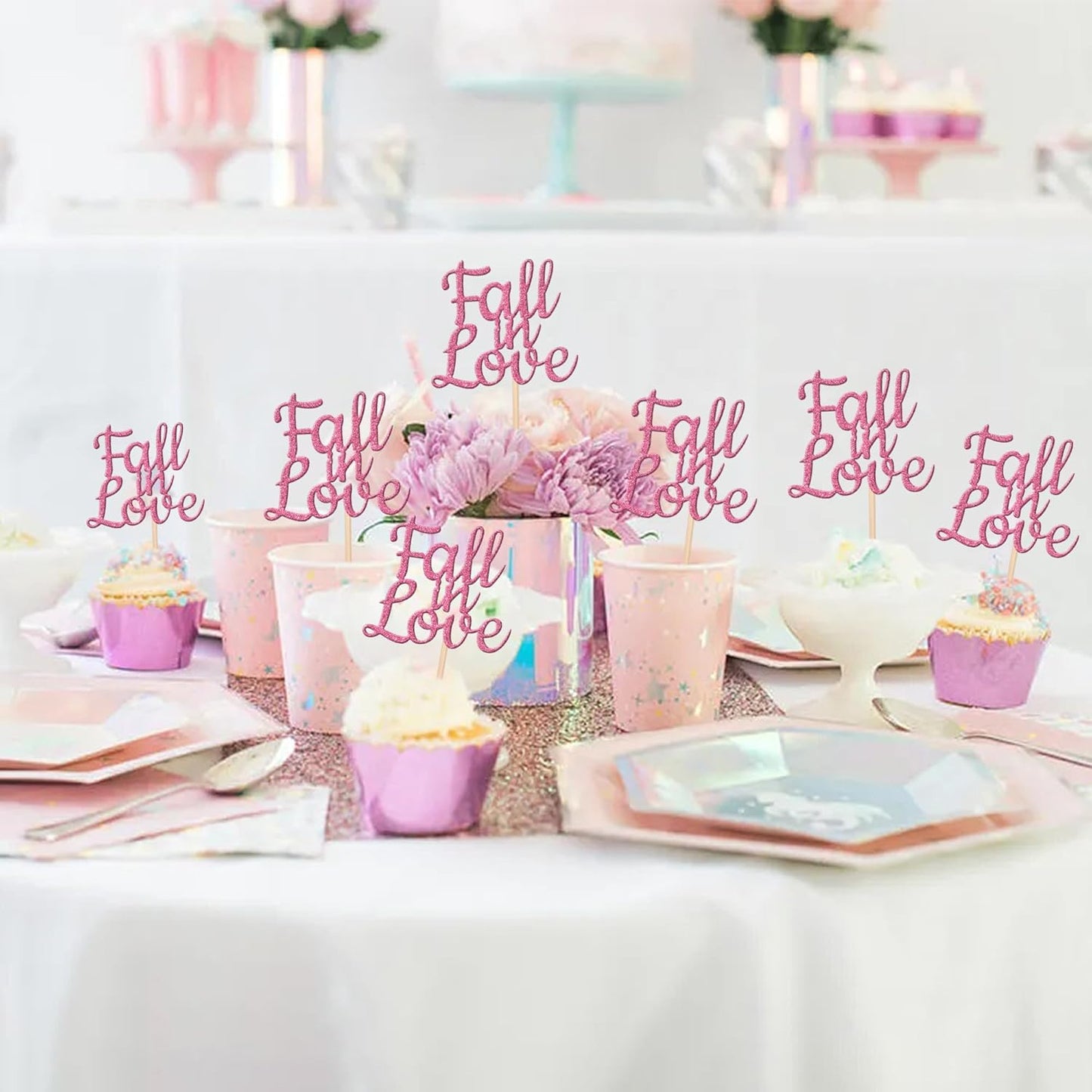 24 PCS Fall in Love Cupcake Toppers Glitter Fall Theme Party Cupcake Picks Bridal Shower Cupcake Decorations for Autumn Wedding Engagement Anniversary Birthday Party Cake Decorations Supplies Pink