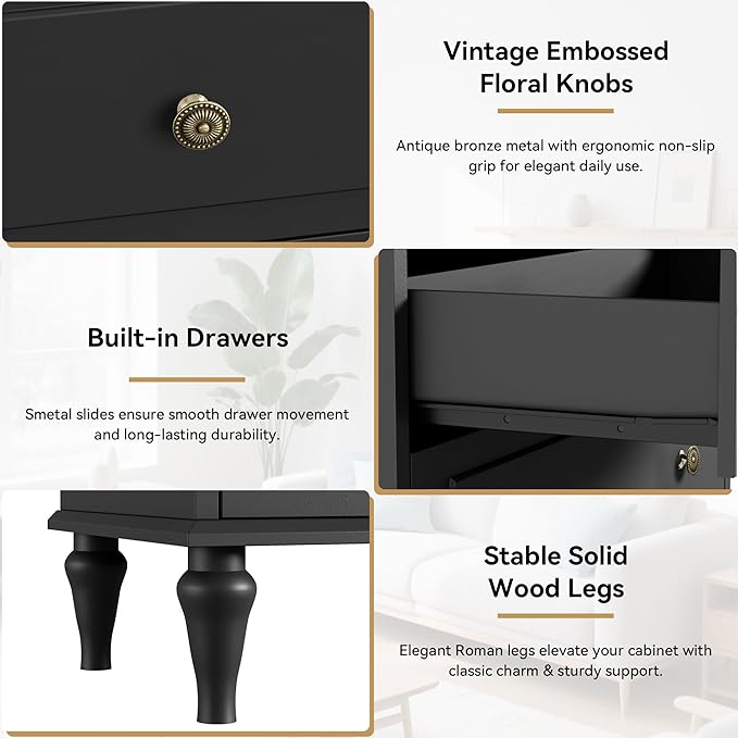 Black Dresser for Bedroom with 5 Drawers, Vintage Tall Dresser with Smooth - Image 4