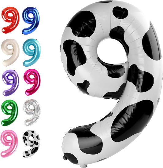 40 Inch Big Cow Print 9 Balloon Number, Jumbo Giant Happy 9th 19 29 39 49 99 Birthday Party Decorations, Large Nine Mylar Foil Anniversary Birthday Party Engagement Decorations