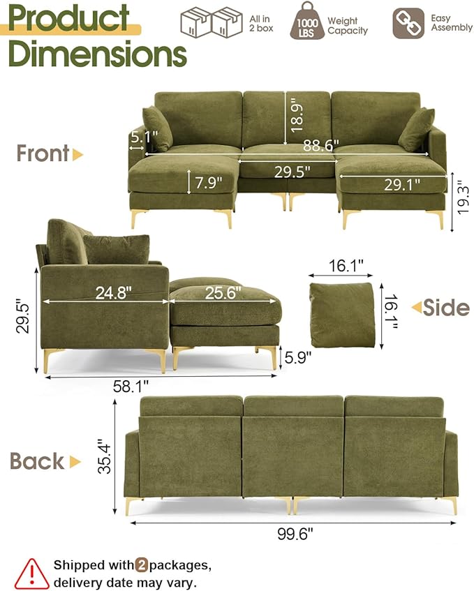 Karl home 99.6" Sectional Sofa, U-Shaped Chenille Upholstered Couch - Image 2