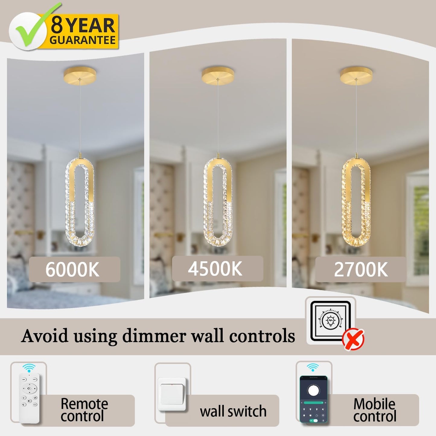 1-Ring Chandelier Gold Modern Pendant Lighting LED Dimmable Hanging Crystal Chandelier for Kitchen Island Foyer Lobby Living Room Staircaes