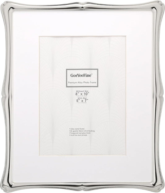 8 x 10'' Premium Alloy Silver Photo Frame with 5x7'' Mat - Luxury Hi End Display Picture Frames 5x7'' with Black Velevt Back