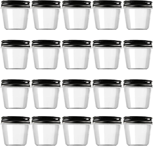 Novelinks 4 oz Clear Plastic Jars with Black Lids – Small Round Reusable Containers for Food, Spices, Crafts, Travel – BPA-Free Storage Jars for Kitchen & Household Organization, 20 Pack