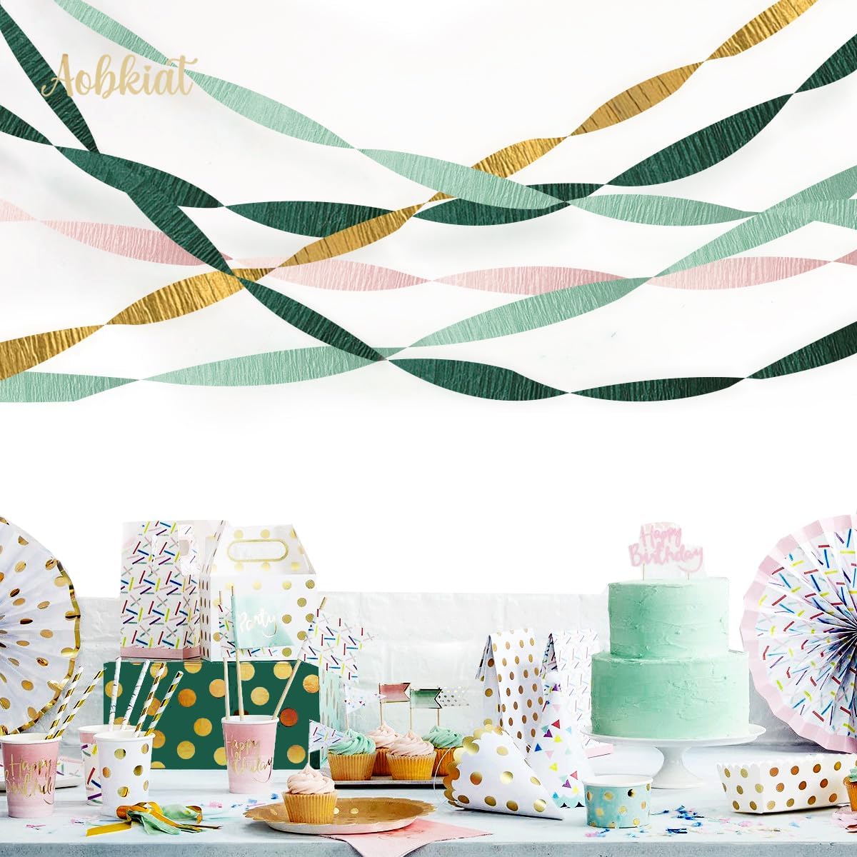 AOBKIAT Wedding Decor Sage Pink Gold Crepe Paper 8 pcs Streamers Party Decorations for Wedding,Rustic Bachelorette,Birthday,Bridal/Baby Shower,Anniversary Party Backdrop Decoration