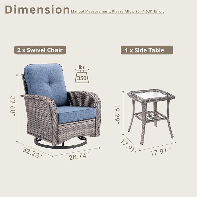 Weaxty Outdoor Swivel Rocker Patio Chairs, 3 Pieces Patio Furniture Set - Image 2